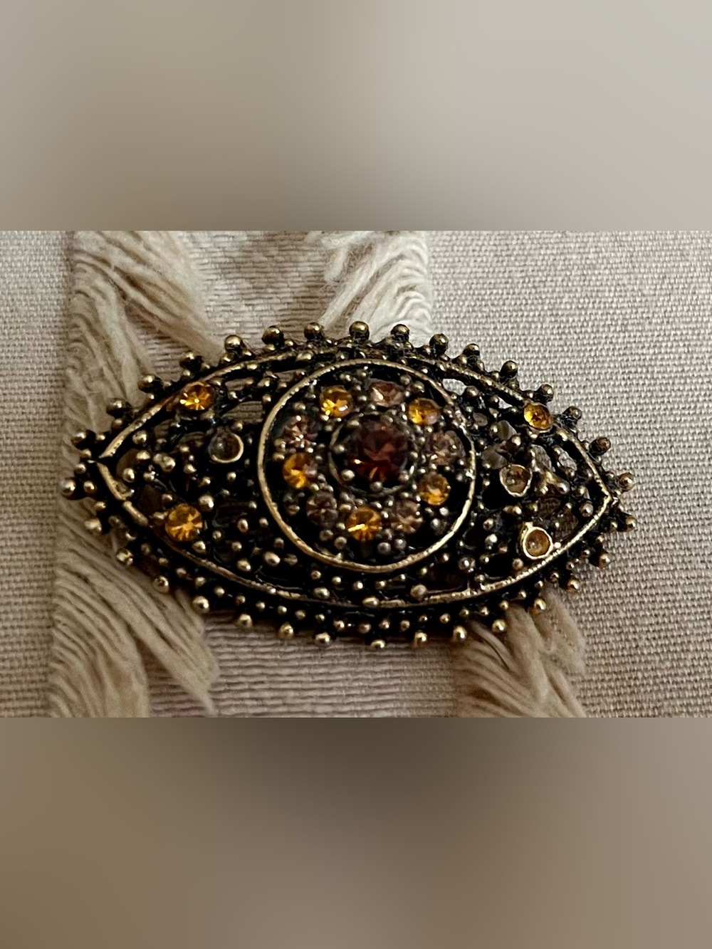 Antique-Style Gold-Tone Marquise Brooch with Amber Crystals, 1970's